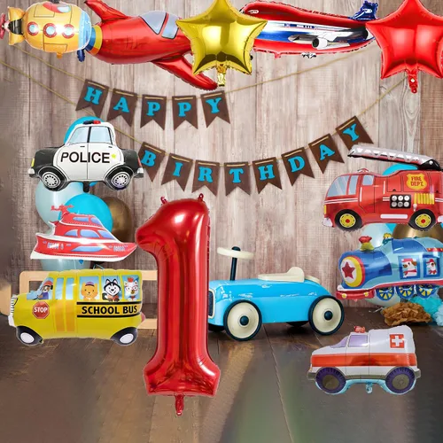 Vista 7 de 12 piezas de globos de aluminio con números de cumpleaños en forma de camión de transporte, avión, autobús escolar, camión de bomberos, coche