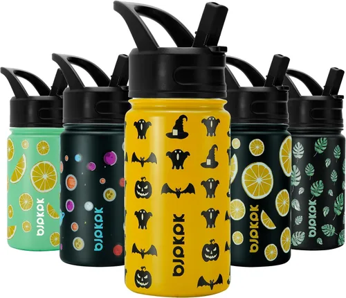 Vista 105 de BJPKPK Botellas de Agua Aisladas con Tapa de Pajita, Botella de Agua de Acero Inoxidable de 18oz, Termo Frío Caliente con 3 Tapas, Vaso de Viaje a