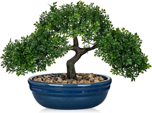 Vista 8 de Árbol bonsái artificial con maceta de porcelana azul y blanca, bonsái falso para decoración de escritorio de oficina en casa, decoración oriental