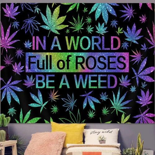 Vista 3 de GOAOK Tapiz de hierba trippy, hojas de cannabis psicodélicas frescas y citas divertidas para dormitorio y sala de estar, 60 x 40 pulgadas