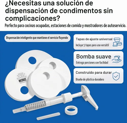 Vista 4 de Carlisle FoodService Products Kit universal de bomba de condimentos/dispensador con 5 tapas, color blanco