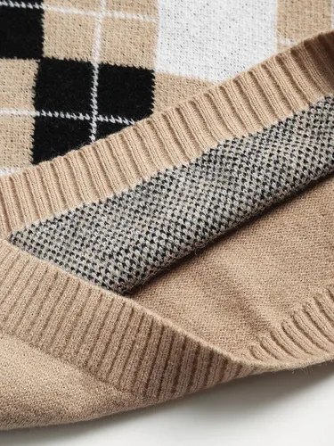 Vista 4 de Suéter Zaful de punto, con cuello en V, patrón de rombos, para mujer