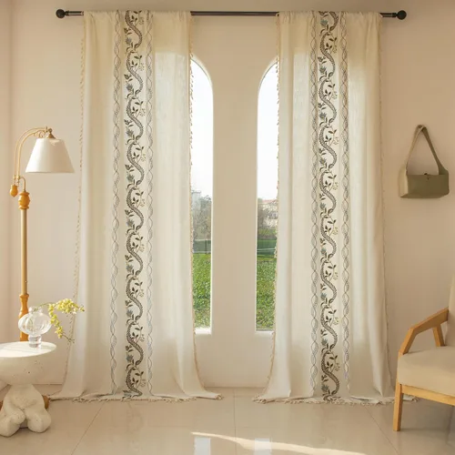 Vista 24 de BHUSB Cortinas rústicas para sala de estar de 63 pulgadas de largo, cortinas de ventana de lino y algodón con estampado floral bohemio, cortinas