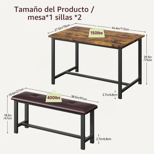 Vista 5 de IDEALHOUSE Juego de mesa de comedor de 3 piezas, mesa de cocina y bancos para 4, juego de mesa de comedor rectangular con 2 bancos tapizados, juego