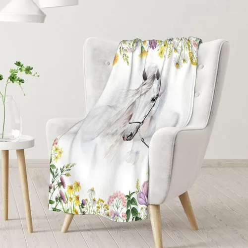 Vista 2 de Manta de caballo para regalo, 30 x 40 pulgadas, bonita manta para niñas y niños, manta blanca de felpa suave y mullida para sofá, oficina