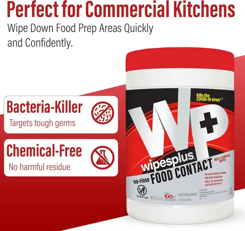 Vista 3 de WIPESPLUS Toallitas de limpieza multiusos para contacto con alimentos, sin enjuague, sin residuos, fórmula de secado rápido, toallitas