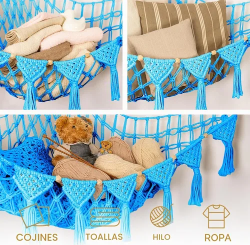 Vista 6 de TIDYTEDS Macramé DreamLights Hamaca de Red de Almacenamiento de Animales de Peluche Boho Extra Grande Soporte de Almacenamiento de Juguetes de Azul