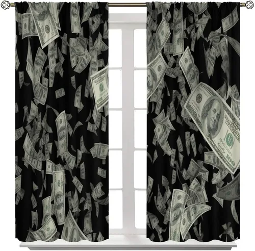 Vista 2 de Cortinas de dinero, divertidas decoraciones temáticas de billetes de 100 dólares, decoración temática de billetes de dólar, sala de estar, Dólar-1