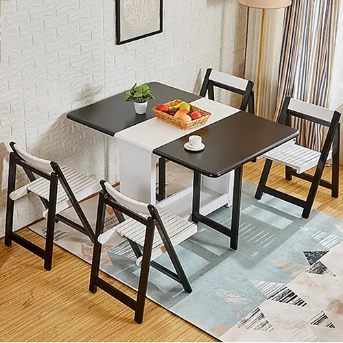 Vista 2 de Mesa y sillas plegables, mesa de comedor de extensión de hojas caídas con ruedas y cajón, juego de mesa de comedor de madera maciza de 5 piezas Negro