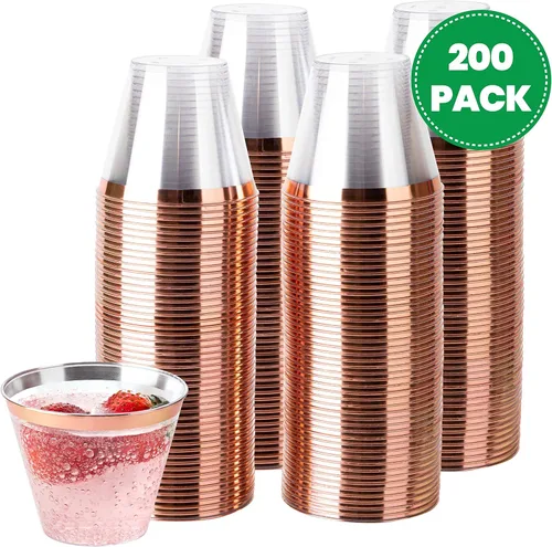 Vista 7 de PLASTICPRO 9 onzas Vasos de plástico desechables para fiesta, vasos de diseño antiguo, cristal transparente (transparente con borde de oro rosa, 200)
