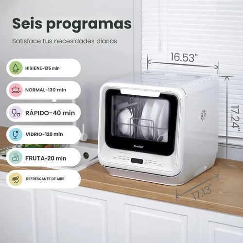 Vista 5 de COMFEE' Lavavajillas Portátil de Encimera con Tanque de Agua Integrado de 5L, No Necesita Conexión, 6 Programas, Rociado Dual de 360°, Función