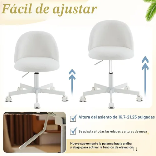 Vista 6 de VINGLI Silla de tocador moderna con respaldo, silla de escritorio de terciopelo para niñas, silla de oficina pequeña con ruedas silenciosas, Blanco