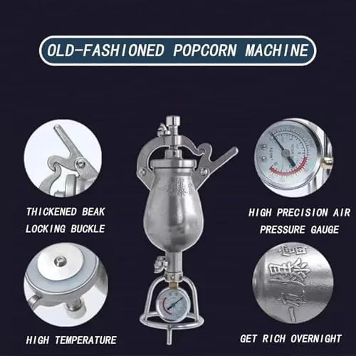 Vista 6 de Máquina de palomitas de maíz vintage, popper retro de acero inoxidable de 17.6 fl oz con válvula de seguridad, perfecta para fiestas en casa, noches