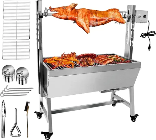 Vista 9 de Asador de acero inoxidable, asador de cordero de cerdo pequeño con motor de 25 W, parrilla asadora de carbón de 37 pulgadas para acampar al aire