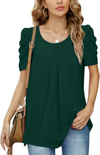 Vista 2 de Anydeer Camiseta casual de verano para mujer, manga abombada, cuello en V, blusa suelta, suéter de moda