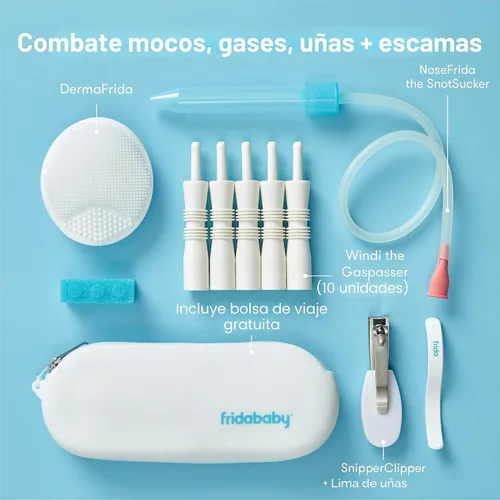 Vista 2 de Frida Baby Basics Kit de 6 piezas de Baby Essentials, incluye aspirador nasal, limas de uñas NailFrida y alivio de gas Windi, cepillo de baño