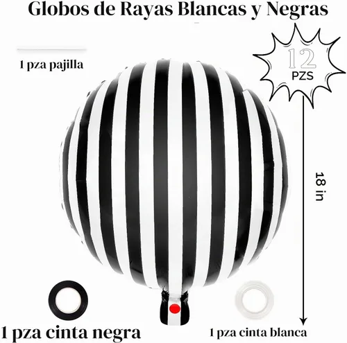 Vista 2 de 12 globos de rayas blancas y negras, globos de aluminio de Halloween de 18 pulgadas, globos a rayas negras para fiesta de cumpleaños, baby shower