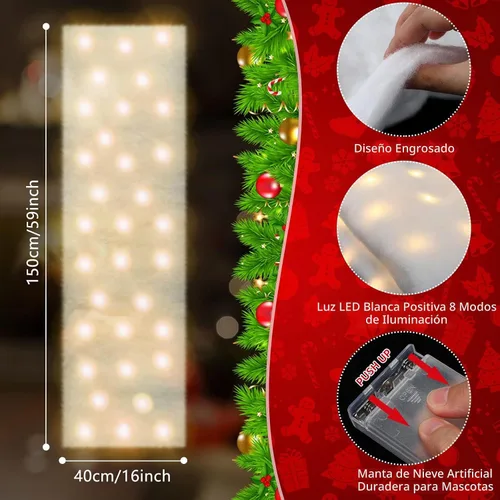 Vista 2 de 4 mantas de nieve de Navidad preiluminadas con luces LED, camino de mesa iluminado para vacaciones, accesorios de aldea de Navidad, decoración