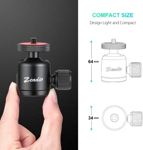 Vista 4 de Zeadio Mini cabeza de bola, con montaje de tornillo de 1/4" y 3/8" para cámaras, DSLR, monopie, deslizador