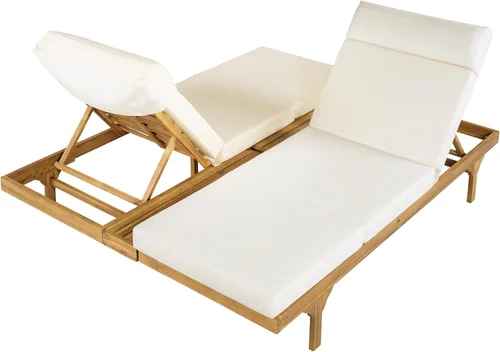 Vista 5 de [Usado] Christopher Knight Home Juego de 2 tumbonas de madera de acacia, tumbonas dobles/individuales para tomar el sol al aire libre con cojín
