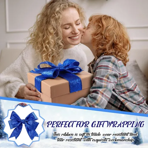 Vista 5 de 2 Rollos 20 Yardas Cinta de Navidad con Alambre Cinta Gruesa con Purpurina Cinta Metálica con Alambre para Envolver Regalos Cinta de Árbol