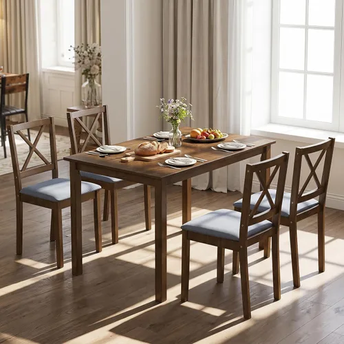 Vista 2 de GIANTEX Juego de mesa de comedor para 4, mesa de cocina de madera con sillas tapizadas