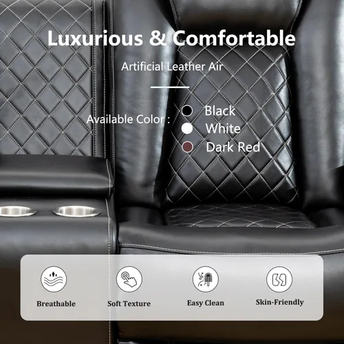 Vista 6 de Juego de sofá reclinable eléctrico, sofás reclinables de cuero negro, 3 piezas de sofá reclinable de cuero de aire y silla de dos plazas con luces