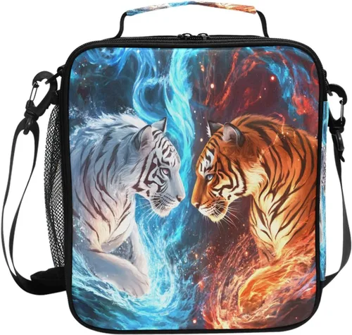 Vista 14 de Lonchera con patrón de cuadros blancos y negros, bolsa de almuerzo aislada, bolsa de preparación para niños, correa de hombro congelable a001