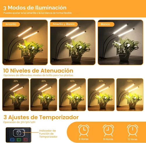 Vista 2 de bseah Luces de cultivo para plantas de interior, lámpara de cultivo de plantas de espectro completo, 10 niveles regulables, encendido y apagado