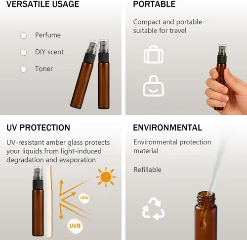 Vista 5 de Paquete de 25 botellas de perfume de viaje con atomizador a granel de 0.3 fl oz, botella vacía hidratante (ámbar)