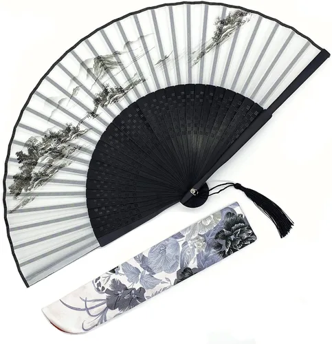 Vista 5 de Eastern Wind Ventilador chino japonés plegable con bambú para mujer, abanicos de mano para mujeres, boda de 8.3 pulgadas Negro