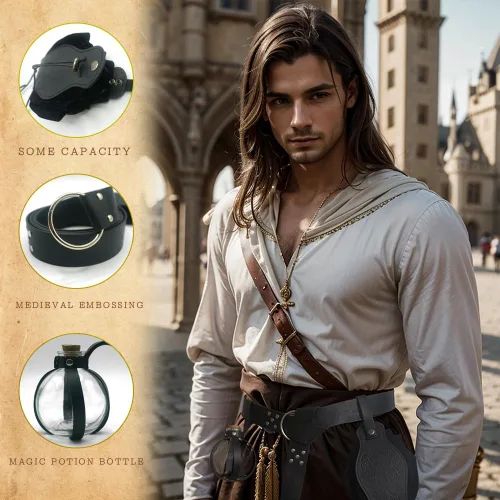 Vista 2 de FAXBURD Kit de cinturón vikingo medieval, 3 unidades, botellas de poción con cinturón de corcho, bolsa medieval, accesorios renacentistas