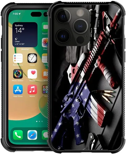 Vista 12 de ZHEGAILIAN Funda compatible con iPhone 14, funda de munición AK 47, parte trasera de vidrio templado+funda protectora de TPU de silicona suave