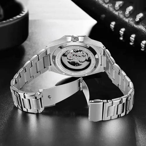 Vista 4 de Tiong Reloj de pulsera mecánico de acero inoxidable de esqueleto de lujo, resistente al agua, negro, automático, para hombre
