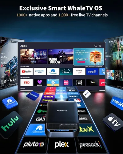 Vista 2 de [Official Apps & Live TV & 330° Stand]Smart Mini Projector with WiFi and Bluetooth Ultra-thin, 4K Support Outdoor Movie Projector, Auto Focus