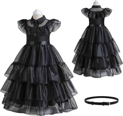 Vista 3 de Disfraz de Miércoles Negro para Niñas para Niñas, Halloween, cosplay, Vestidos de fiesta familiar con cinturón y peluca de 4 a 13 años