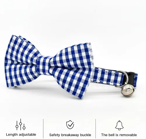 Vista 3 de Collar de Gato Azul con Diseño de Búfalo a Cuadros, Conjunto de Lazo para Boda/Cumpleaños, Collar Separable para Gatito
