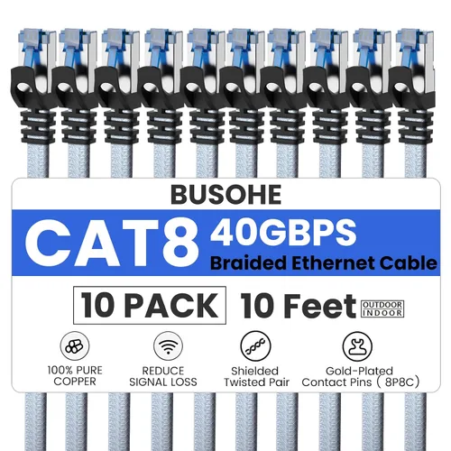 Vista 8 de Cable Ethernet Cat 8 de 1.5 pies, cable de conexión de red LAN de alta velocidad trenzado de nailon resistente, 40 Gbps 2000 Mhz SFTP blindado RJ45