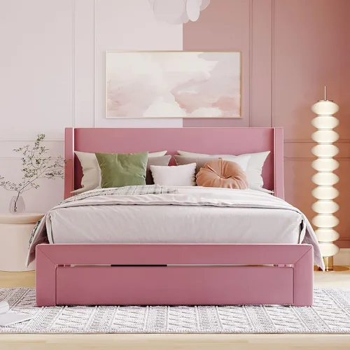 Vista 10 de Cama de plataforma tapizada de tamaño matrimonial con cabecera de terciopelo con patrón de flores, con marco de cama de soporte de listones