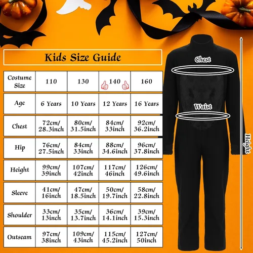 Vista 3 de Disfraz de gato de Halloween para niñas y niños de 7 a 12 años, disfraz de gato negro para niños con guantes, diadema, cola de gato, calcomanías