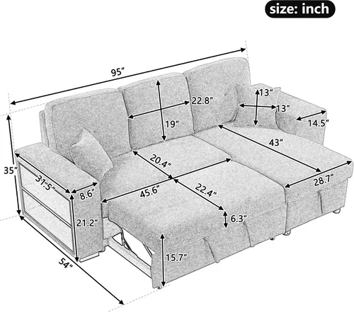 Vista 2 de Bellemave Sofá cama extraíble en forma de L, sofá modular reversible, sofá tapizado de 95 pulgadas con diván de almacenamiento y 2 taburetes