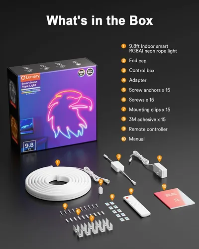 Vista 9 de Lumary Luz inteligente RGBAICW de neón para interiores, luces LED de 9.8 pies para dormitorio, funciona con Alexa/Google Assistant, 180 LEDs/m RGB