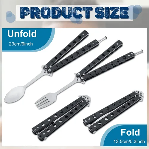Vista 2 de Flutesan Juego de 2 Piezas de Tenedor y Cuchara Mariposa, Cuchara Táctica Mariposa Plegable de Acero Inoxidable Conjunto de Utensilios Spork