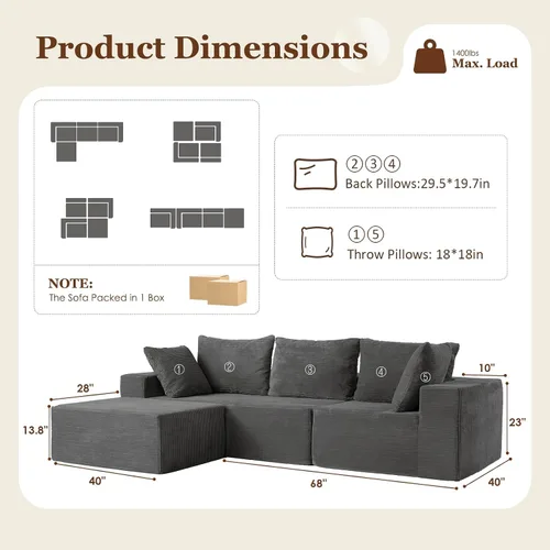 Vista 2 de INGEROOM Sofá Seccional Modular Cloud de 108 pulgadas con asiento profundo, sofá sin armazón con otomana móvil, sofá de espuma viscoelástica de pana
