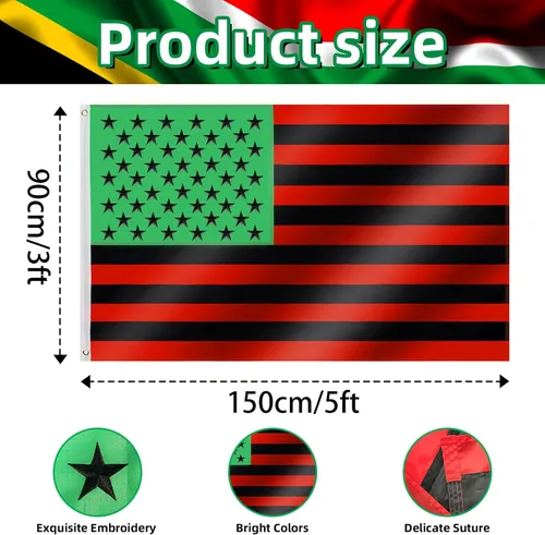 Vista 2 de Bandera de Liberación Africana 3x5 pies resistente para exterior, bandera Pan-Africana Afro-Americana doble cara de 210D, franjas rojas, negras