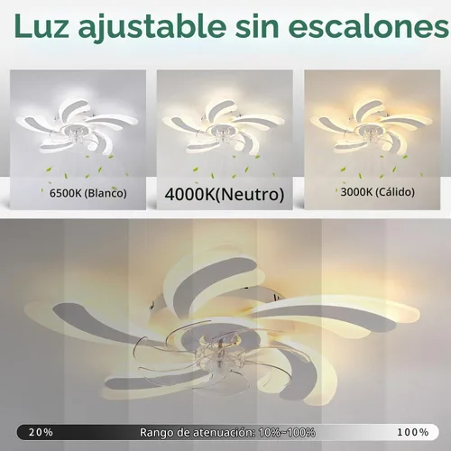 Vista 2 de Ventilador de techo de perfil bajo con control remoto y aplicación, motor silencioso y luz LED regulable, ventilador de techo de montaje empotrado