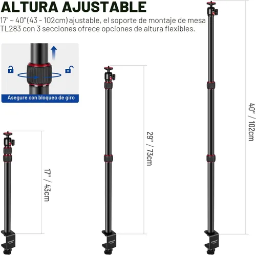 Vista 2 de NEEWER Soporte de escritorio extensible para cámara con cabeza de bola, soporte de luz de mesa ajustable de 17"-40" con tornillo de 1/4
