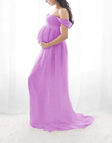 Vista 2 de ZIUMUDY Vestido de gasa de maternidad con hombros descubiertos para sesión de fotos, vestido largo de encaje frontal dividido para fotografía