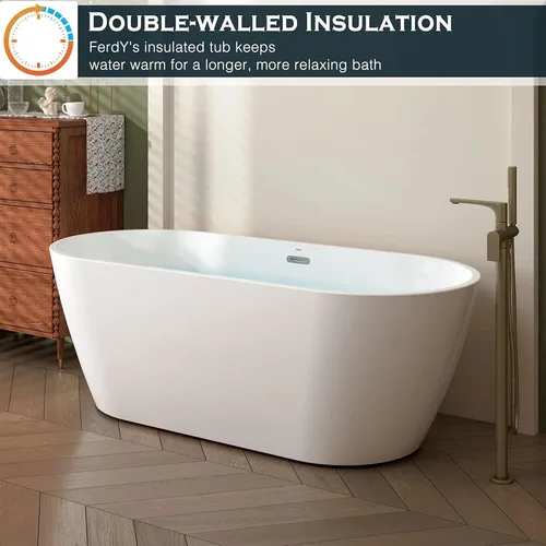 Vista 5 de FerdY Bali - Bañera de acrílico independiente, bañera de inmersión independiente con forma graciosa, certificado CUPC blanco brillante, drenaje
