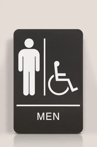 Vista 2 de Headline Letrero con texto en inglés "Ada", símbolo táctil accesible para hombres/sillas de ruedas, plástico, 6 x 9, negro/blanco
